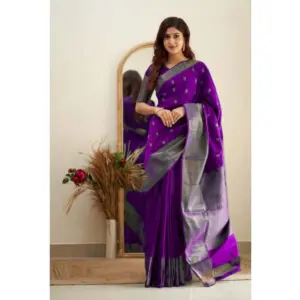 Women's Banarasi Silk Woven Saree With Unstitched Blouse 5.5Mtr (Purple)