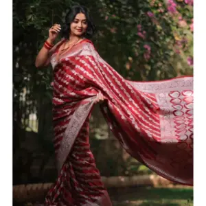 Women's Banarasi Silk Woven Saree With Unstitched Blouse 5.5Mtr (Red)