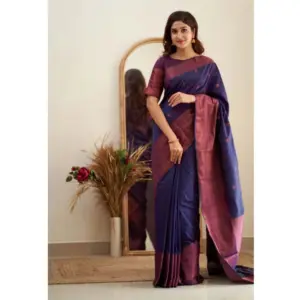 Women's Banarasi Silk Woven Saree With Unstitched Blouse 5.5Mtr (Navy Blue)