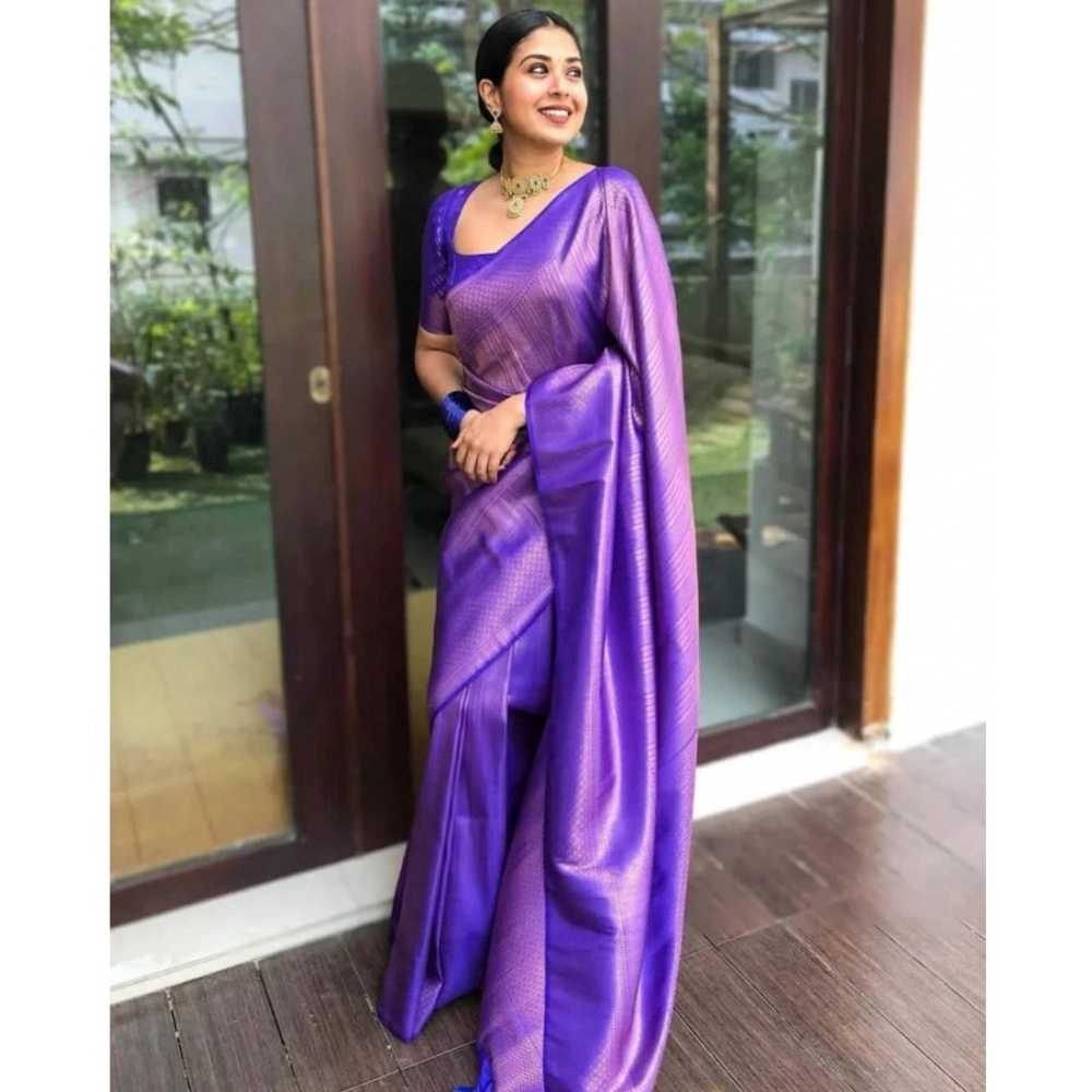 Women's Banarasi Silk Woven Saree With Unstitched Blouse 5.5Mtr (Lavender)