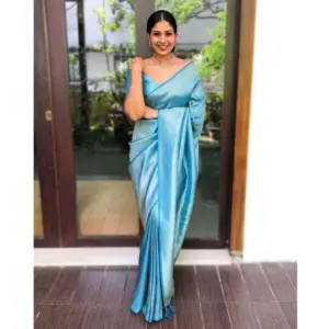 Women's Banarasi Silk Woven Saree With Unstitched Blouse 5.5Mtr (Sky Blue)