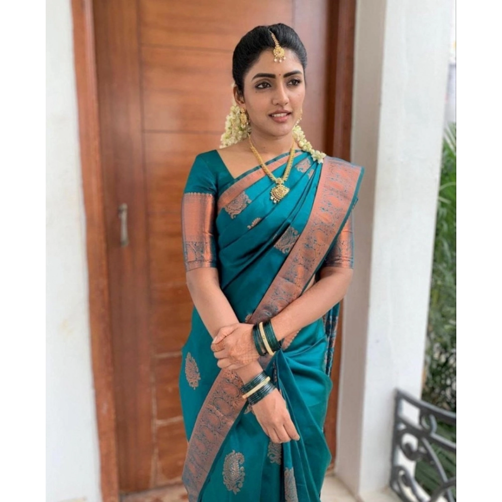 Women's Banarasi Silk Woven Saree With Unstitched Blouse 5.5Mtr (Sky Blue)