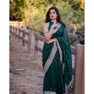 Women's Banarasi Silk Woven Saree With Unstitched Blouse 5.5Mtr (Green)