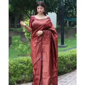 Women's Banarasi Silk Woven Saree With Unstitched Blouse 5.5Mtr (Maroon)