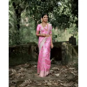 Women's Banarasi Silk Woven Saree With Unstitched Blouse 5.5Mtr (Pink)