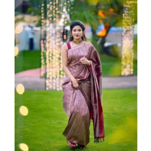 Women's Banarasi Silk Woven Saree With Unstitched Blouse 5.5Mtr (Wine)