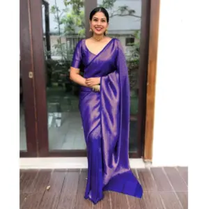 Women's Banarasi Silk Woven Saree With Unstitched Blouse 5.5Mtr (Royal Blue)