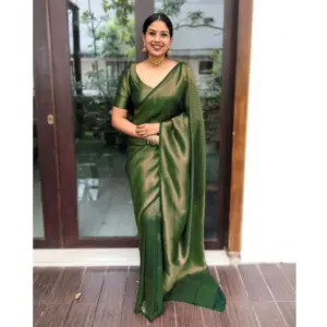 Women's Banarasi Silk Woven Saree With Unstitched Blouse 5.5Mtr (Green)