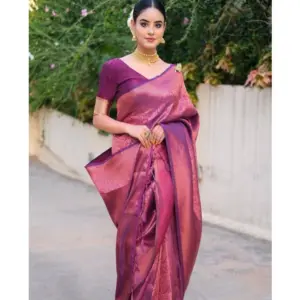 Women's Banarasi Silk Woven Saree With Unstitched Blouse 5.5Mtr (Wine)