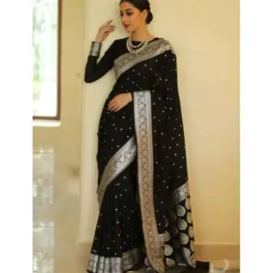 Women's Banarasi Silk Woven Saree With Unstitched Blouse 5.5Mtr (Black)