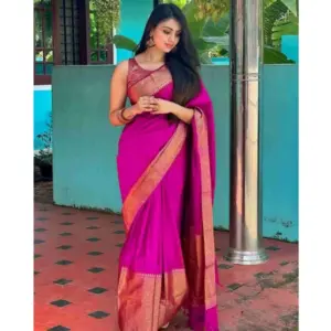Women's Banarasi Silk Woven Saree With Unstitched Blouse 5.5Mtr (Pink)