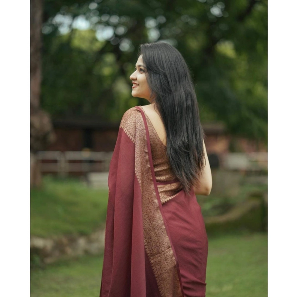 Women's Banarasi Silk Woven Saree With Unstitched Blouse 5.5Mtr (Maroon) - Image 2