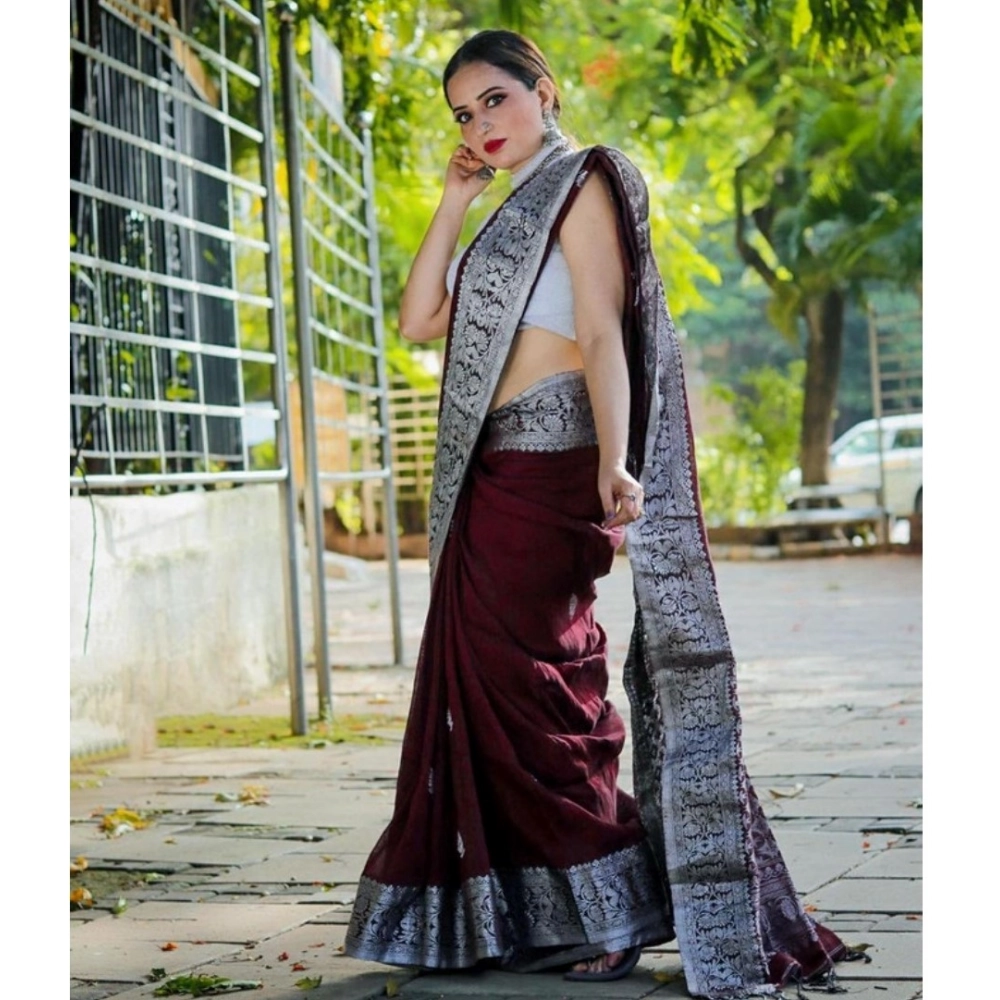 Women's Banarasi Silk Woven Saree With Unstitched Blouse 5.5Mtr (Maroon)