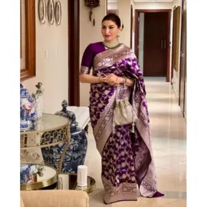 Women's Banarasi Silk Woven Saree With Unstitched Blouse 5.5Mtr (Purple)