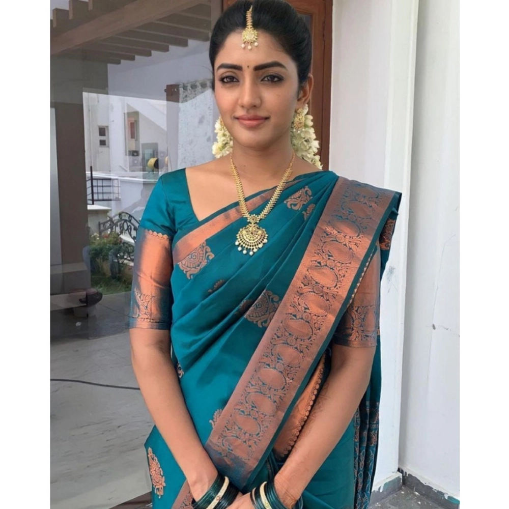 Women's Banarasi Silk Woven Saree With Unstitched Blouse 5.5Mtr (Sky Blue) - Image 3