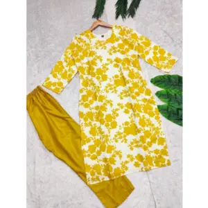 Women's Rayon Printed Round Neck 3-4th Sleeve Kurti With Pant Set (Yellow)