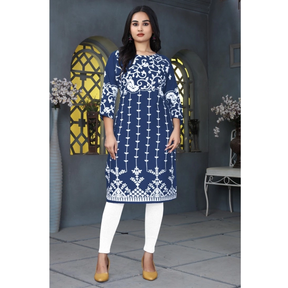 Women's Rayon Printed Round Neck 3-4th Sleeve Kurti (Blue)