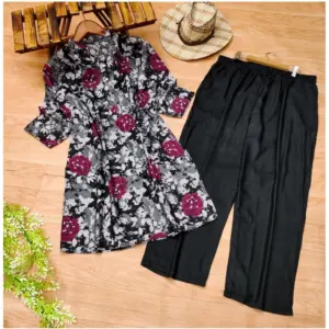 Women's Muslin Printed Mandarin Collar 3-4th Sleeve Kurti With Pant Set (Grey)