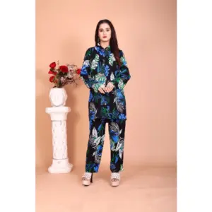 Women's Rayon Printed Mandarin Collar Full Sleeve Co Ord Set (Black)