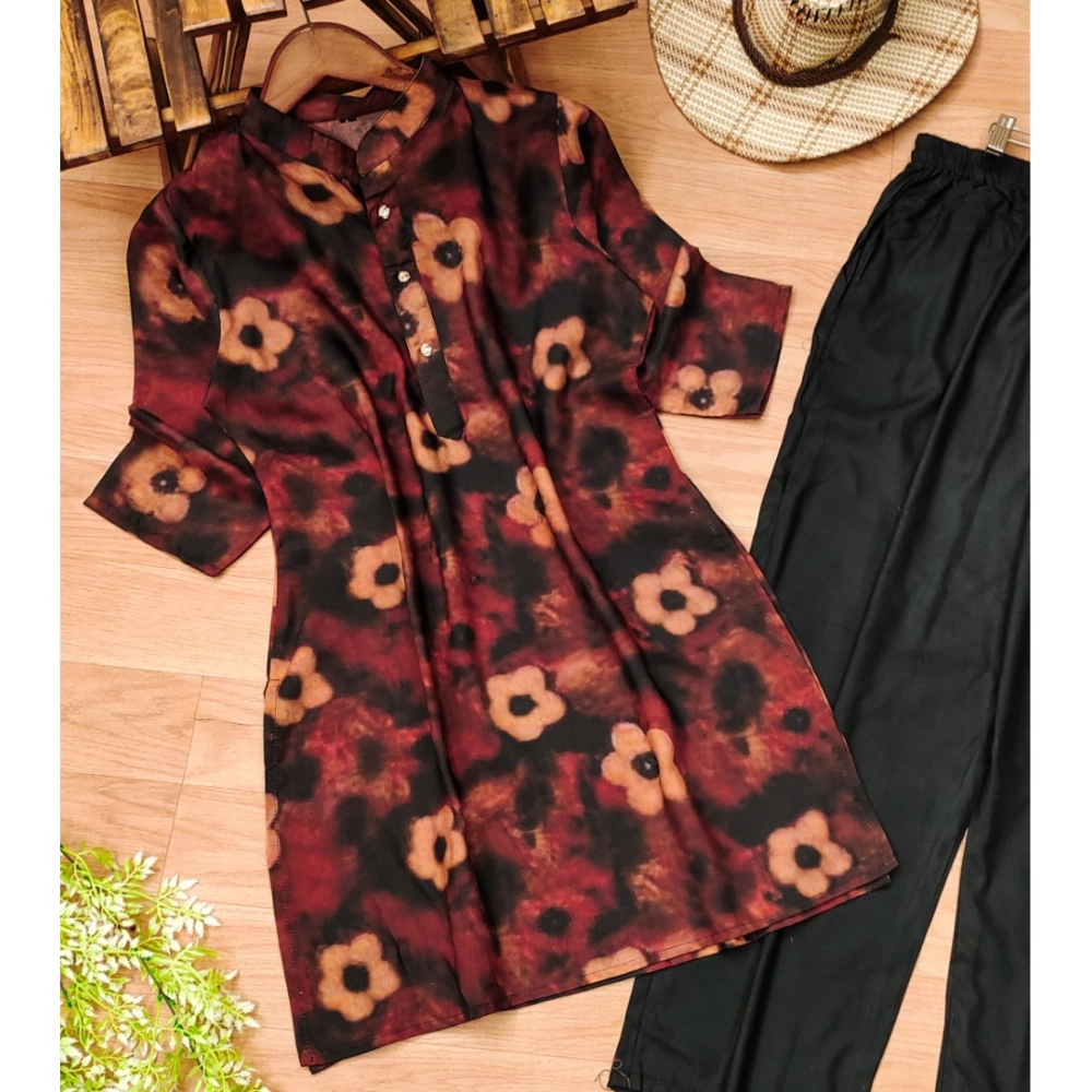 Women's Muslin Printed Mandarin Collar 3-4 th Sleeve Kurti With Pant Set (Black) - Image 4