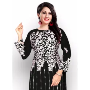 Women's Georgette Printed Round Neck 3-4 th Sleeve Kurti (Black)