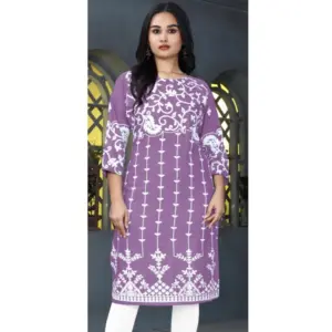 Women's Rayon Printed Round Neck 3-4th Sleeve Kurti (Lavender)