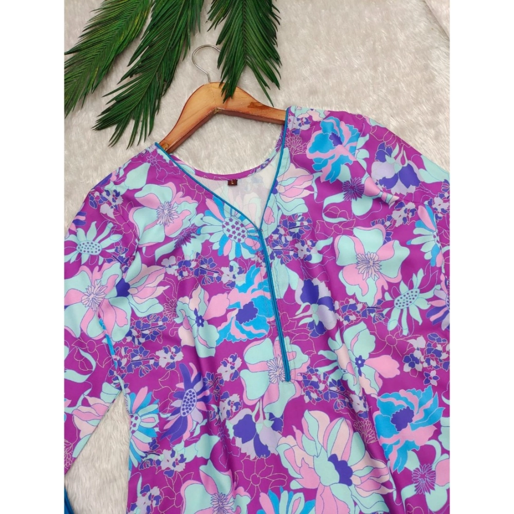 Women's Rayon Printed V Neck 3-4th Sleeve Kurti With Pant Set (Purple) - Image 3