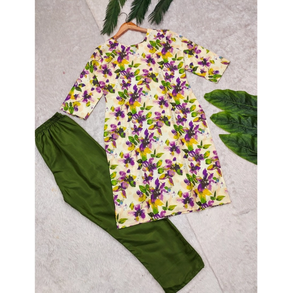 Women's Rayon Printed Round Neck 3-4th Sleeve Kurti With Pant Set (Green) - Image 4
