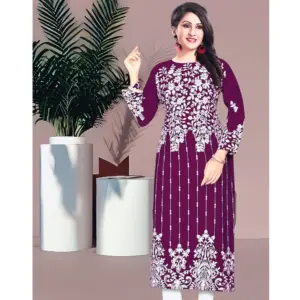 Women's Rayon Printed Round Neck 3-4th Sleeve Kurti (Purple)
