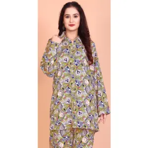 Women's Rayon Printed Mandarin Collar Full Sleeve Co Ord Set (Green)