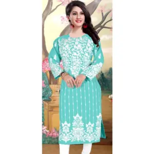 Women's Georgette Printed Round Neck 3-4th Sleeve Kurti (Sky)