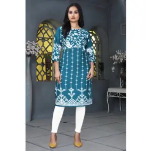 Women's Rayon Printed Round Neck 3-4th Sleeve Kurti (Rama)
