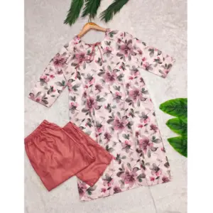 Women's Rayon Printed Round Neck 3-4th Sleeve Kurti With Pant Set (Peach)