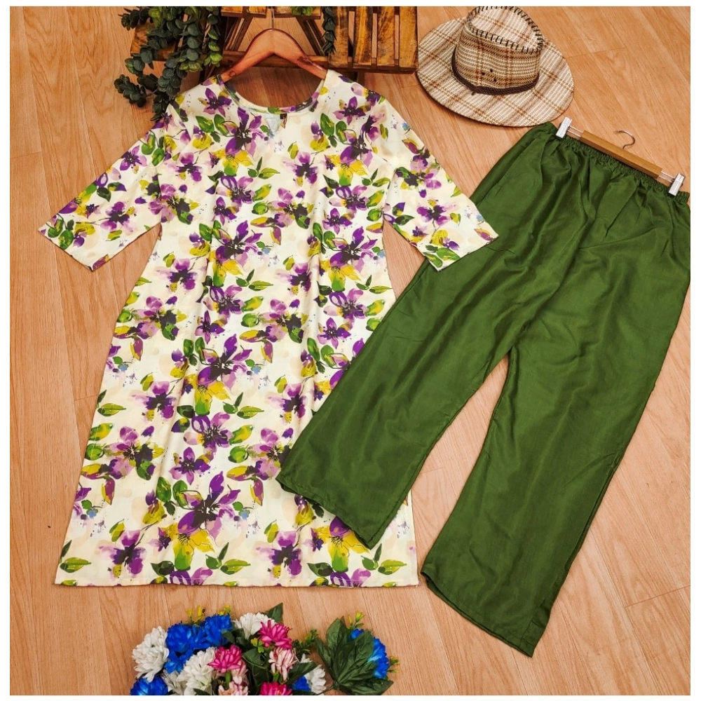 Women's Rayon Printed Round Neck 3-4th Sleeve Kurti With Pant Set (Green) - Image 3