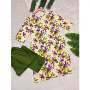 Women's Rayon Printed Round Neck 3-4th Sleeve Kurti With Pant Set (Green)