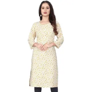 Women's Rayon Printed Round Neck 3-4th Sleeve Kurti (White)