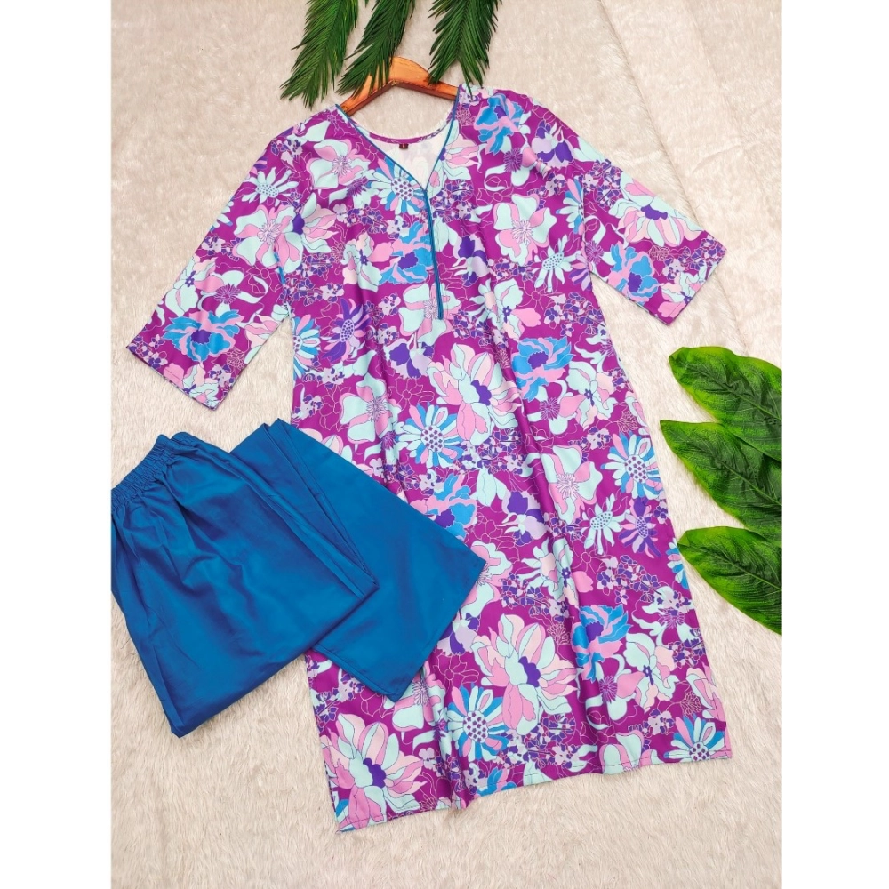 Women's Rayon Printed V Neck 3-4th Sleeve Kurti With Pant Set (Purple) - Image 4
