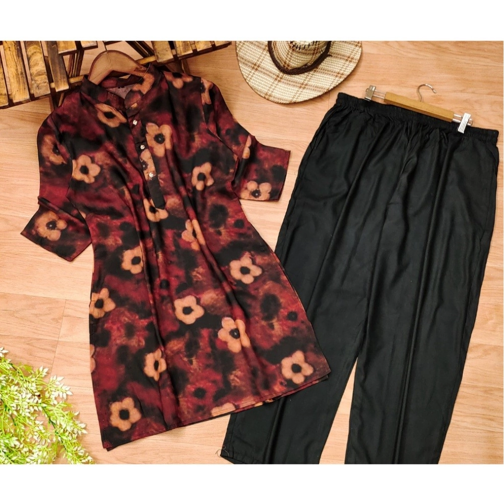 Women's Muslin Printed Mandarin Collar 3-4 th Sleeve Kurti With Pant Set (Black) - Image 3