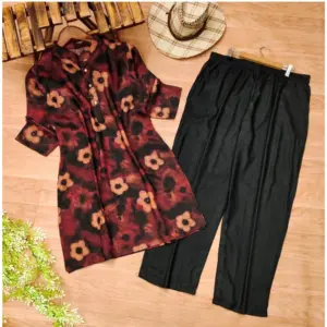 Women's Muslin Printed Mandarin Collar 3-4 th Sleeve Kurti With Pant Set (Black)