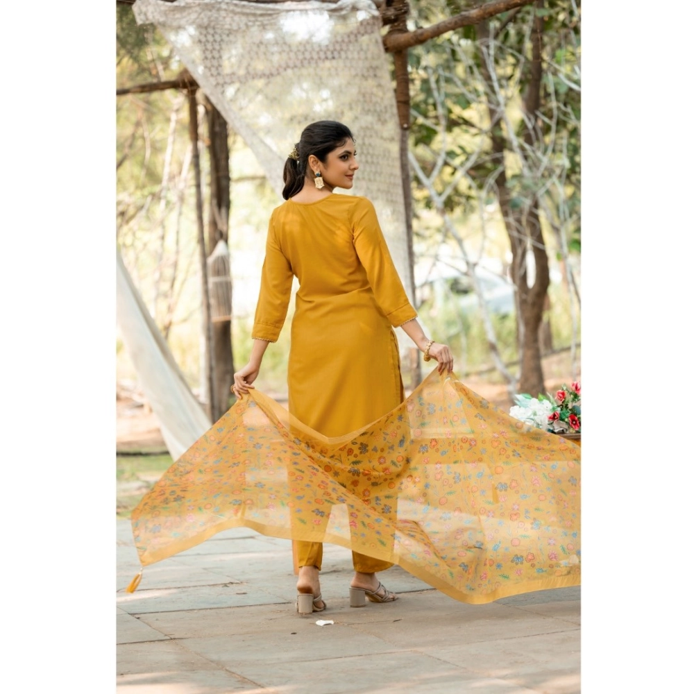 Women's Rayon Printed Round Neck Kurti with Pant and Dupatta Set (Mustard yellow) - Image 3