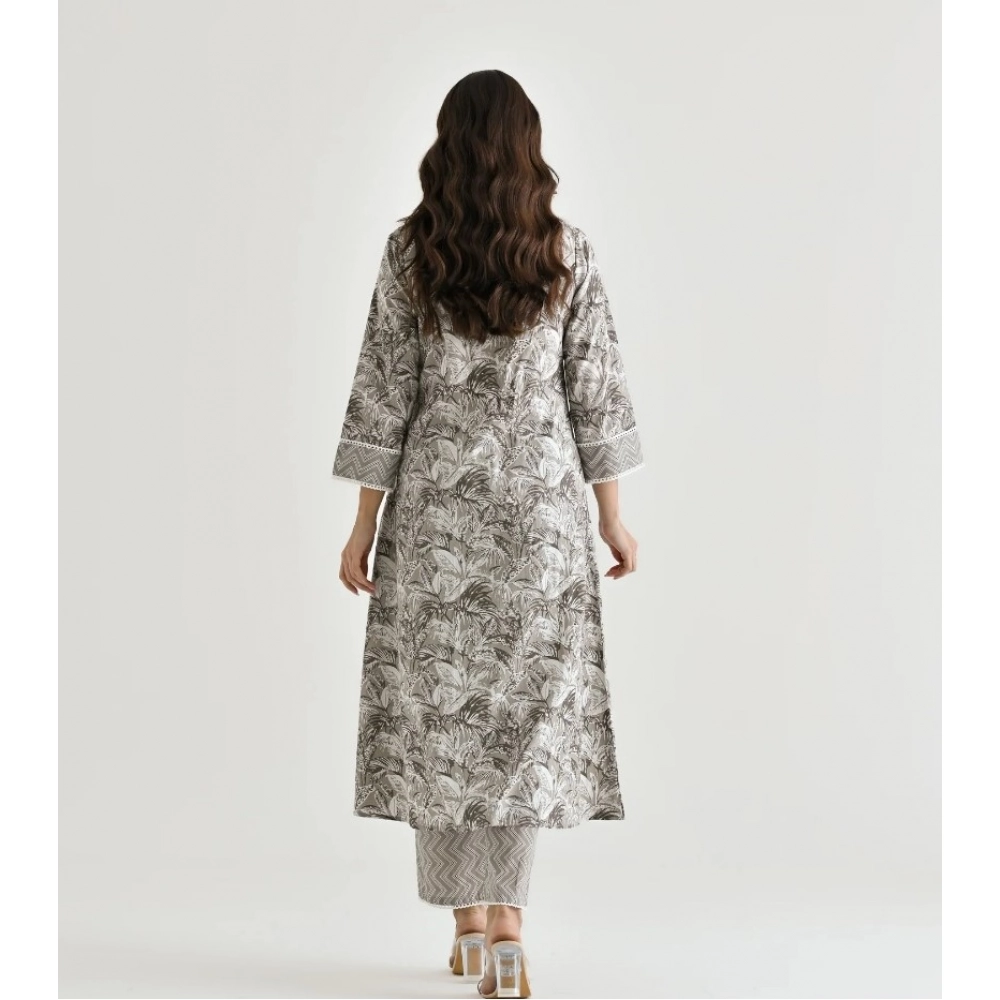 Women's Cotton Blend Printed V Neck Kurti with Pant Set (Grey) - Image 5