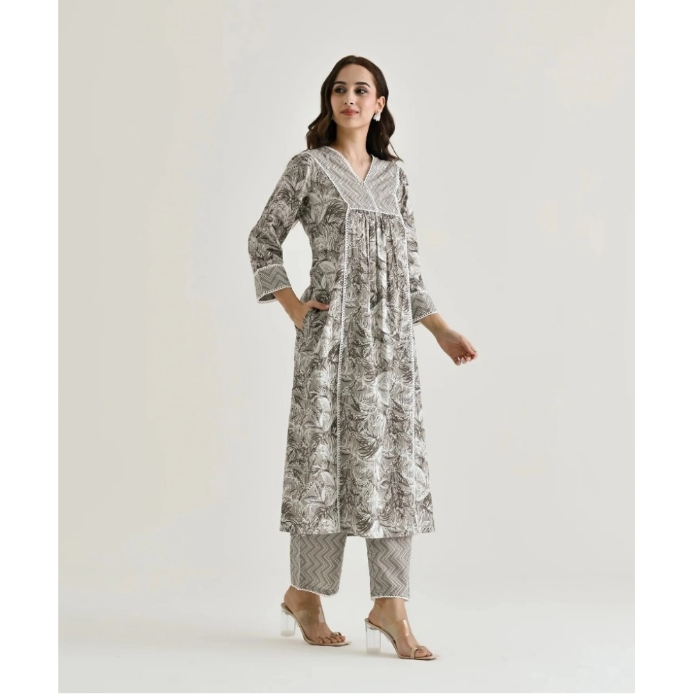 Women's Cotton Blend Printed V Neck Kurti with Pant Set (Grey) - Image 4