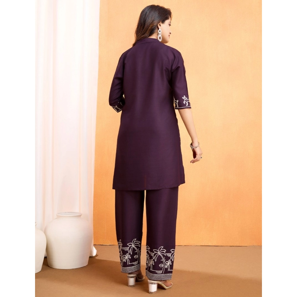 Women's Viscose Rayon Embroidered Chinese Collar Kurti with Pant Set (Wine) - Image 6