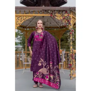 Women's Cotton Blend Printed Round Neck Kurti with Pant and Dupatta Set (Purple)