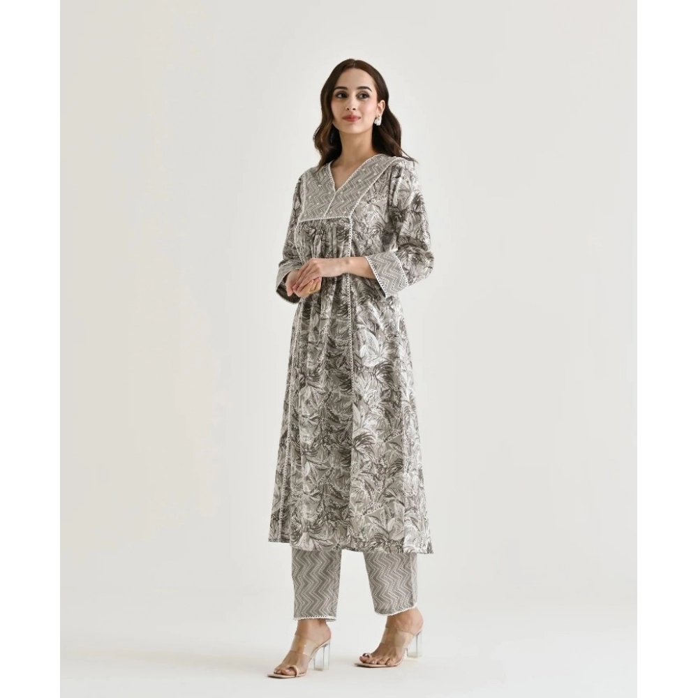 Women's Cotton Blend Printed V Neck Kurti with Pant Set (Grey) - Image 3