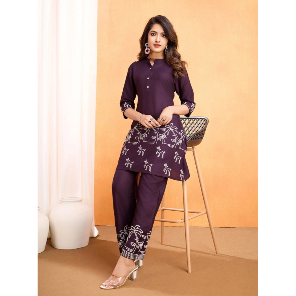 Women's Viscose Rayon Embroidered Chinese Collar Kurti with Pant Set (Wine) - Image 5