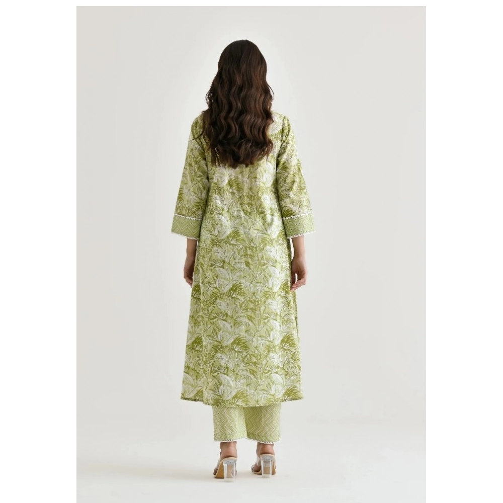 Women's Cotton Blend Printed V Neck Kurti with Pant Set (Green) - Image 5