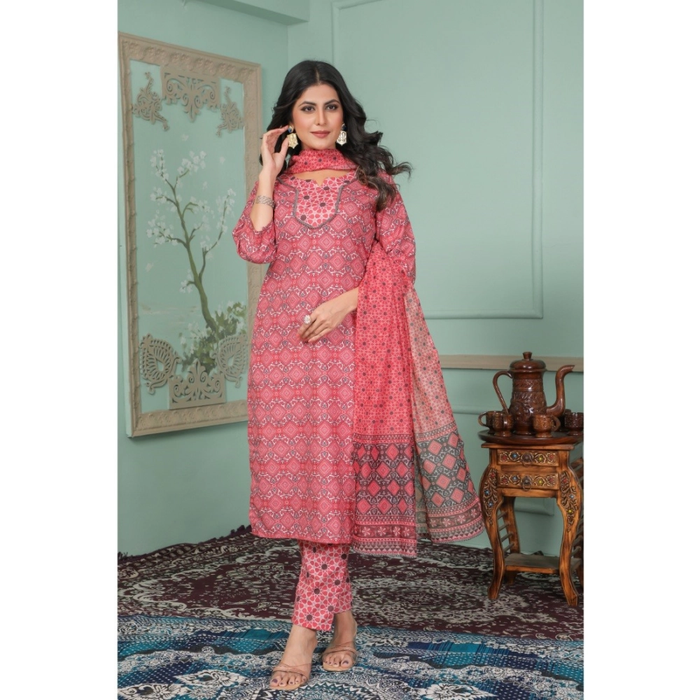 Women's Rayon Printed Round Neck Kurti with Pant and Dupatta Set (Pink) - Image 5