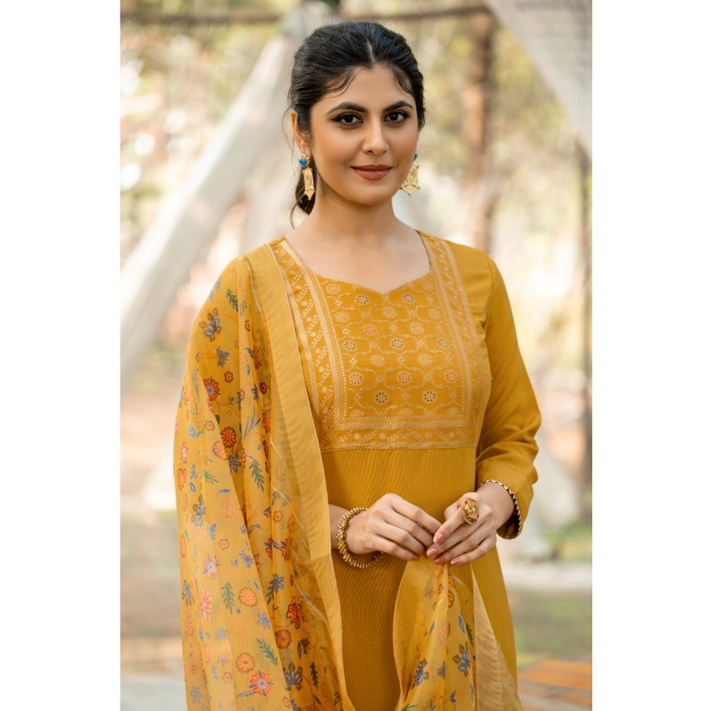 Women's Rayon Printed Round Neck Kurti with Pant and Dupatta Set (Mustard yellow) - Image 5