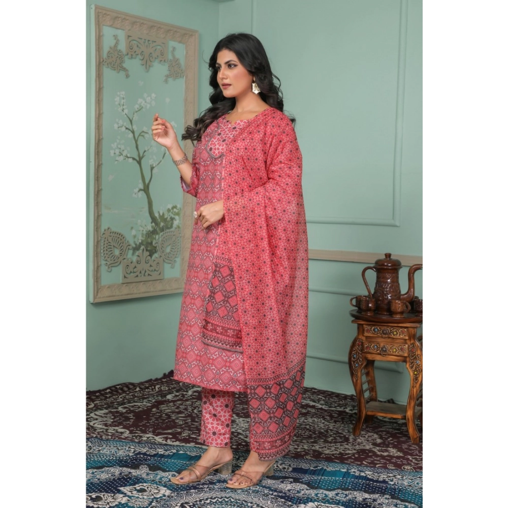 Women's Rayon Printed Round Neck Kurti with Pant and Dupatta Set (Pink) - Image 4